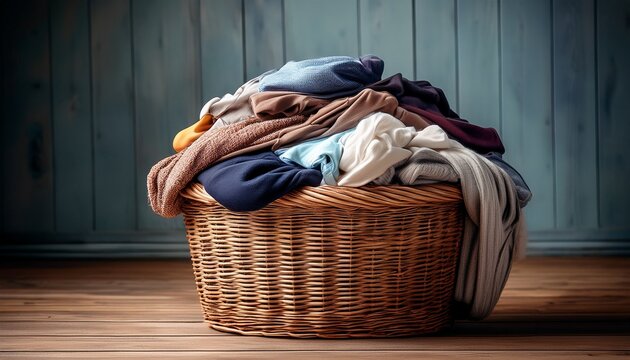 a wicker laundry basket overfilled with clothes on a wooden floor