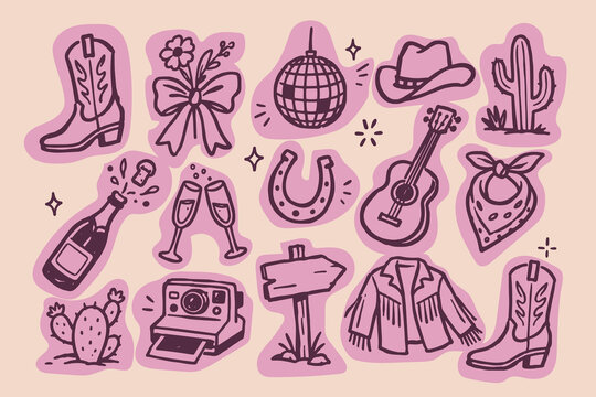 Cowgirl Western Doodle Set Illustration