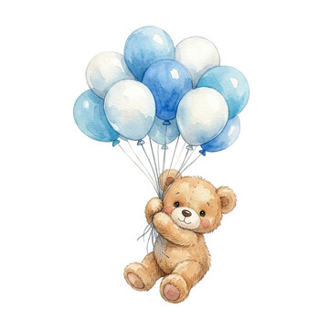 Font specimen teddy bear holding bunch of blue balloons as clean cutout