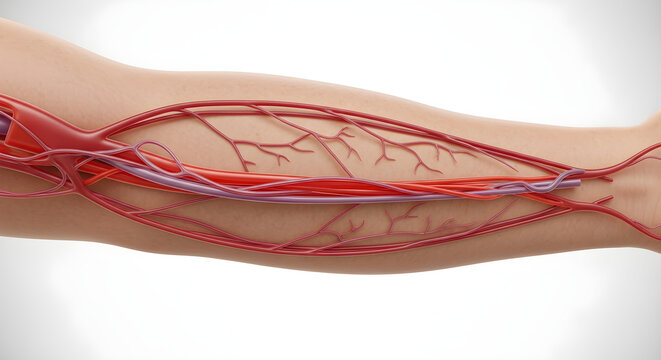 Anatomical visualization of human arm showing network of veins and arteries on skin surface.