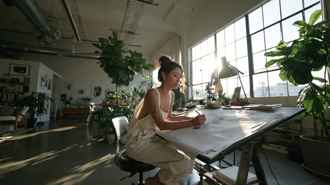 Young Female Artist Drawing at Drafting Table in Loft Studio