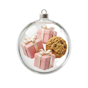 Font specimen transparent christmas glass bauble ornament filled with small pink gift boxes and a chocolate chip cookie asset as PNG element