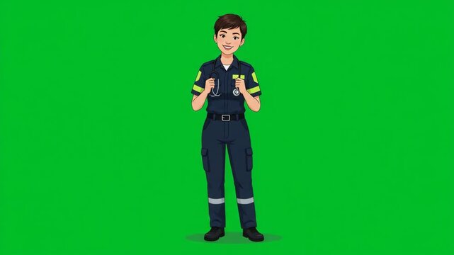 Cartoon animation of a male paramedic on a green screen background, ready to help with medical emergencies.