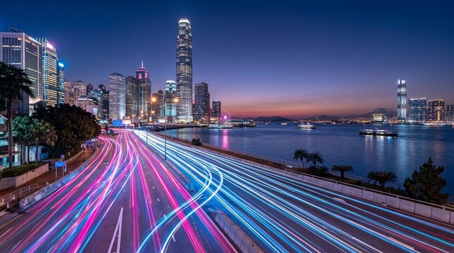 Hong Kong Cityscape at Dusk with Fast Traffic Light Trails