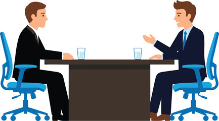 Obraz premium Two Businessmen in Suits Having a Professional Job Interview or Corporate Meeting Sitting at Table Isolated on White Background Vector Illustration