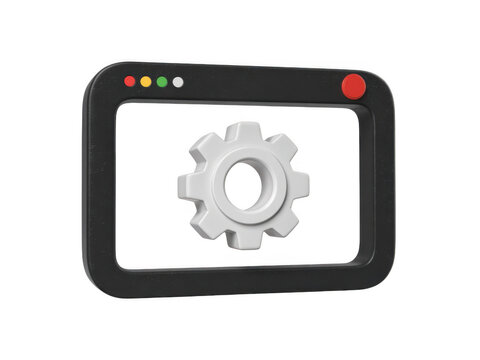 A 3D rendered black tablet frame featuring a central white gear icon for settings
