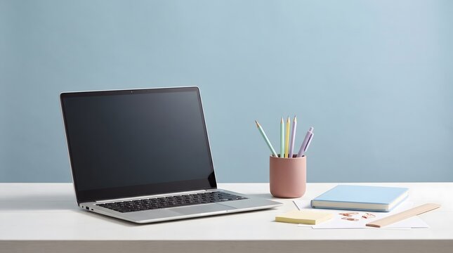 Colorful student desk workspace with laptop and stationery for creative study and learning