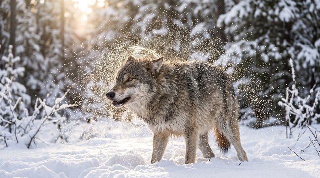 Wild Wolf Shaking Snow from Fur in Winter Forest