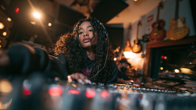 Female Music Producer Working at Mixing Console in Recording Studio