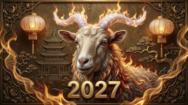 Asiatic astrological caprine: Chinese zodiac, fire goat, Eastern calendar, golden 2027, sheep template, celebration poster, invitation card, burning horn, lantern background, pagoda banner.