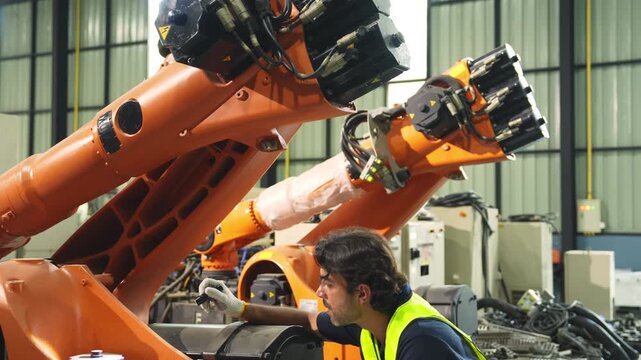 Industrial engineer inspecting a robotic arm machine in an automated manufacturing factory, robotics, automation, smart manufacturing, machine maintenance, quality control and Industry 4.0 technology.