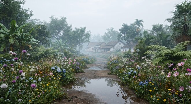 Muddy path with water puddles lined with flowers leading to foggy tropical village 3D illustration