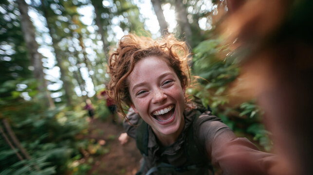 Excited Young Woman Taking Selfie While Hiking in Forest