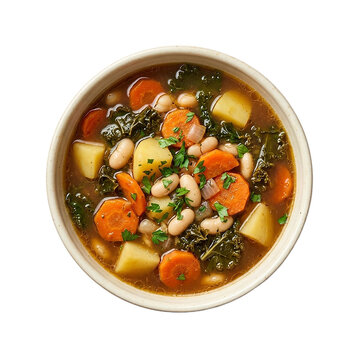 Font specimen hearty vegetable soup with beans carrots and potatoes in a ceramic bowl as transparent PNG