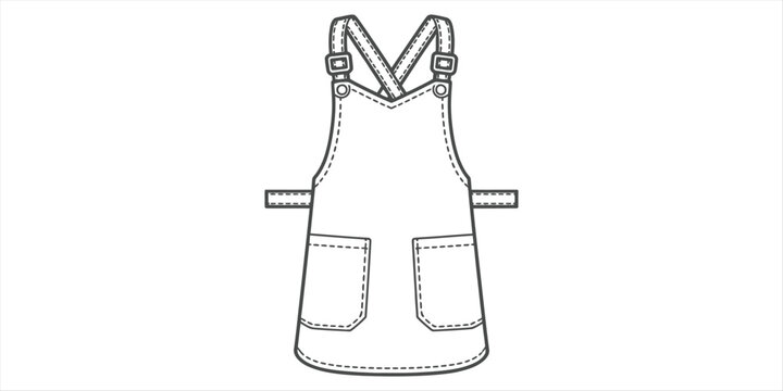 Black outline illustration of a kitchen apron with two front pockets and adjustable cross back straps isolated on white background Vector, illustration