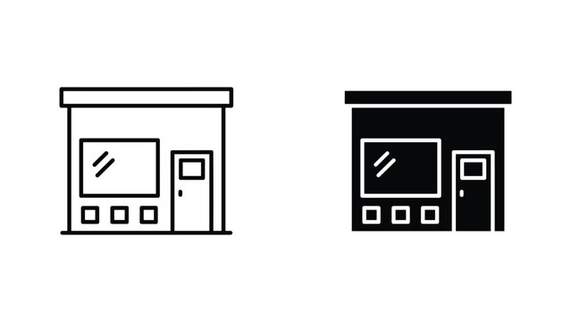 Small retail storefront icon set with display window and entrance in outline and solid black style