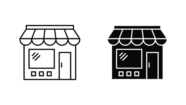 Retail shop front icon with striped awning and display window in outline and solid black variations