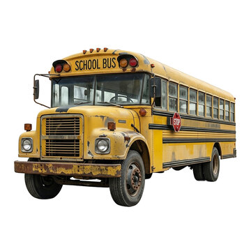 Font specimen vintage yellow school bus front three quarter view as PNG element