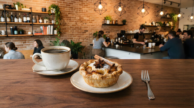 A cup of coffee and a small sweet pie on a table in a cozy cafe with blurred people in background