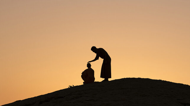 Peaceful spiritual teacher blessing a devoted follower on a rocky hill at golden sunset, serene silhouettes, warm sky, spiritual devotion, Indian spirituality, meditation,