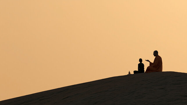 Peaceful spiritual teacher blessing a devoted follower on a rocky hill at golden sunset, serene silhouettes, warm sky, spiritual devotion, Indian spirituality, meditation,
