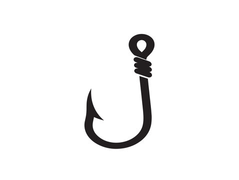 Fishing hook icon silhouette. Sharp metal fish hook symbol for angling and sport fishing.