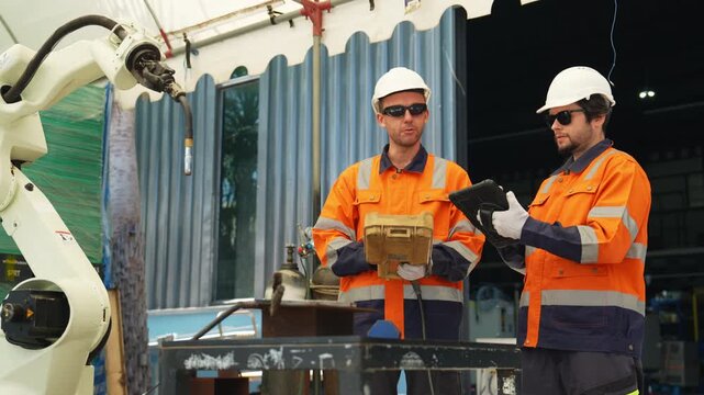 Industrial engineer inspecting a robotic arm machine in an automated manufacturing factory, robotics, automation, smart manufacturing, machine maintenance, quality control and Industry 4.0 technology.