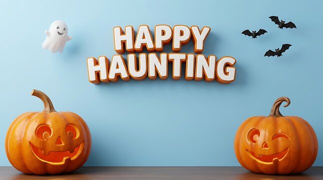 Happy haunting text with glowing jackolantern pumpkins, cute ghost and bats