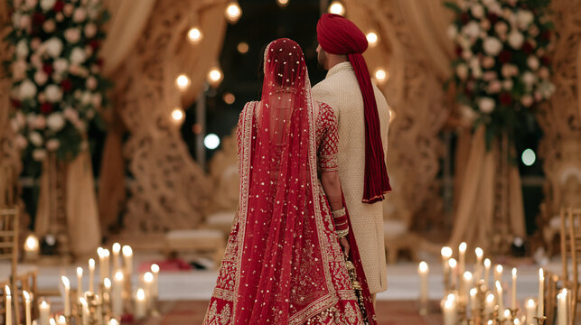 Indian bride and groom standing together during a beautifully decorated traditional wedding ceremony, floral arrangements, ornate fabrics, warm candlelight, cultural wedding,