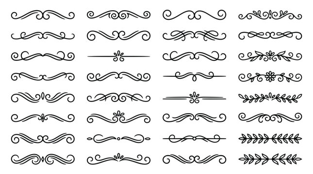 Vintage decorative dividers set, 32 black swirl calligraphic ornaments, elegant floral line borders for wedding invitations and menus