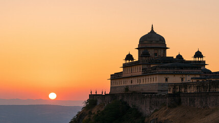 Obraz premium Majestic historic Indian fortress overlooking a dramatic landscape at sunset, traditional architecture, distant silhouettes of guards, warm orange sky, Indian history, heritage