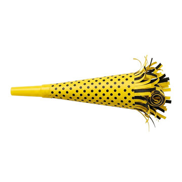 Font specimen yellow party horn blowout noisemaker with black polka dots as PNG asset