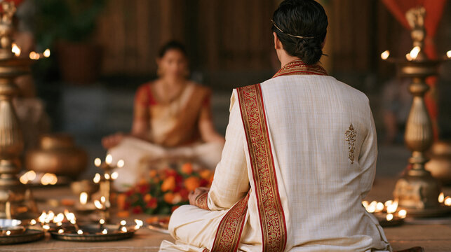 Traditional Indian wedding prayer ceremony with bride and groom seated near flowers, lamps and ceremonial decorations, spiritual atmosphere, marriage ritual, Indian wedding,