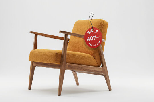 Mid-century modern armchair with 40% off sale tag. Yellow fabric lounge chair on white background. Retail furniture discount concept.
