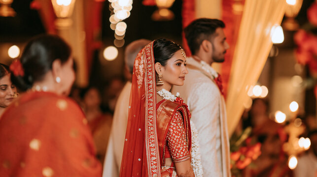 Elegant traditional Indian wedding ceremony with bride and groom surrounded by flowers, decorative fabrics, warm lights and family members, cultural marriage, Indian wedding