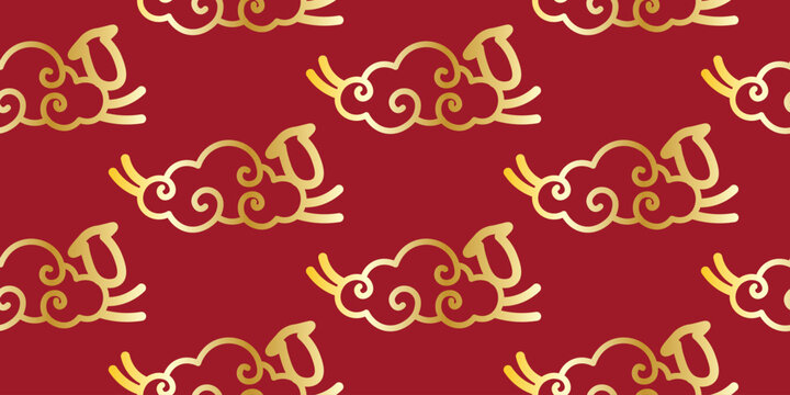 Chinese seamless pattern with traditional golden clouds on a dark red background. Elegant background for Lunar New Year