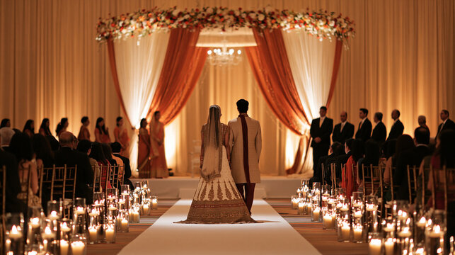 Elegant traditional Indian wedding ceremony with bride and groom surrounded by flowers, decorative fabrics, warm lights and family members, cultural marriage, Indian wedding