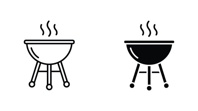 Barbecue charcoal grill with steam vector icon set in outline and solid black for summer cooking