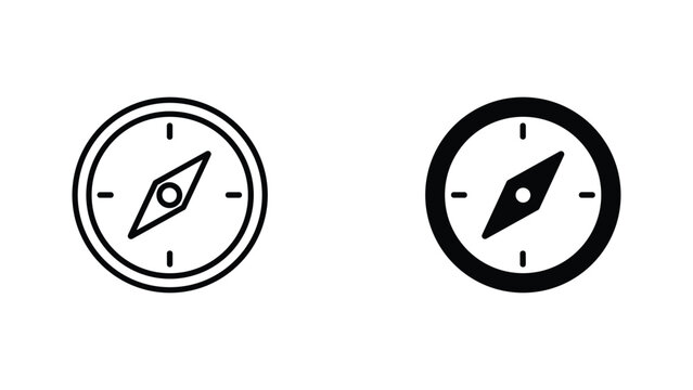 Minimalist navigation compass icon set in both linear and solid black styles for digital interface design