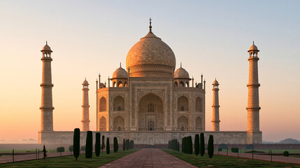 Obraz premium Grand white marble palace-like heritage monument glowing in warm sunrise light, symmetrical architecture, soft morning mist, peaceful atmosphere, Indian tourism, heritage