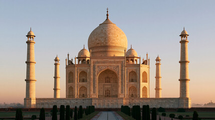 Obraz premium Grand white marble palace-like heritage monument glowing in warm sunrise light, symmetrical architecture, soft morning mist, peaceful atmosphere, Indian tourism, heritage