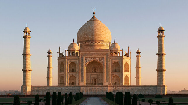 Grand white marble palace-like heritage monument glowing in warm sunrise light, symmetrical architecture, soft morning mist, peaceful atmosphere, Indian tourism, heritage