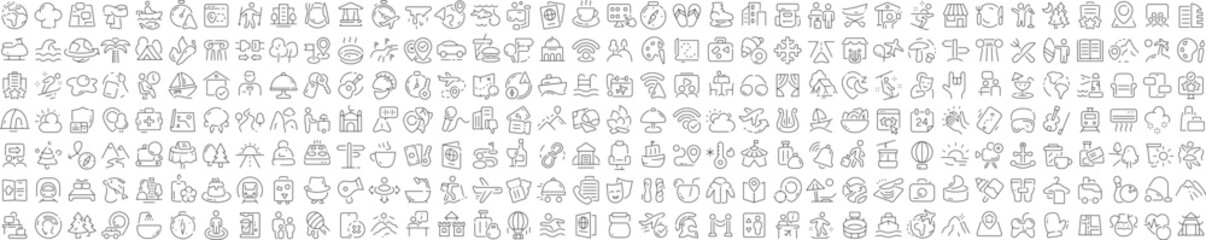 Fototapeta premium Travel and outdoor leisure activities linear icons set for tourism and vacation planning.