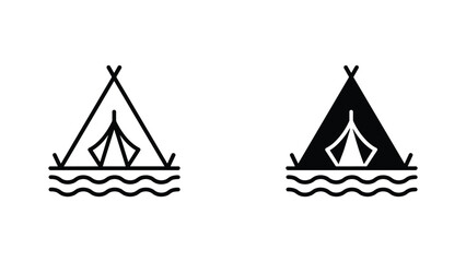 Camping tent icon set with water waves in linear and solid black styles for outdoor adventure themes © Fatema