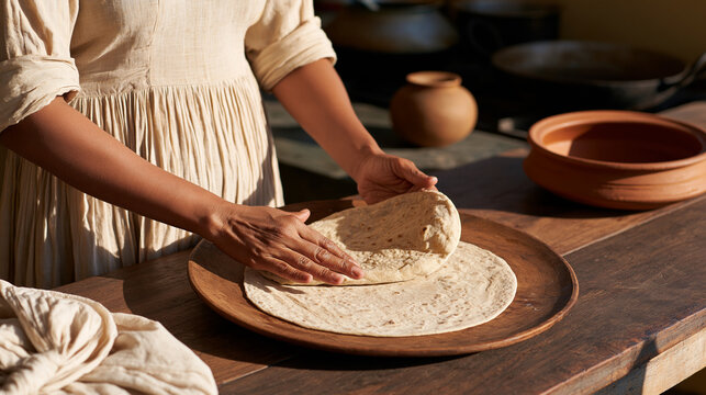 Indian woman preparing fresh flatbread in a traditional home kitchen, hands shaping dough, rustic cookware, warm natural light, Indian home cooking, traditional cuisine, family