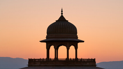 Fototapeta premium Silhouette of an ancient Indian temple against a dramatic orange and purple sunset sky, peaceful atmosphere, spiritual travel, Indian heritage, sacred architecture, cultural