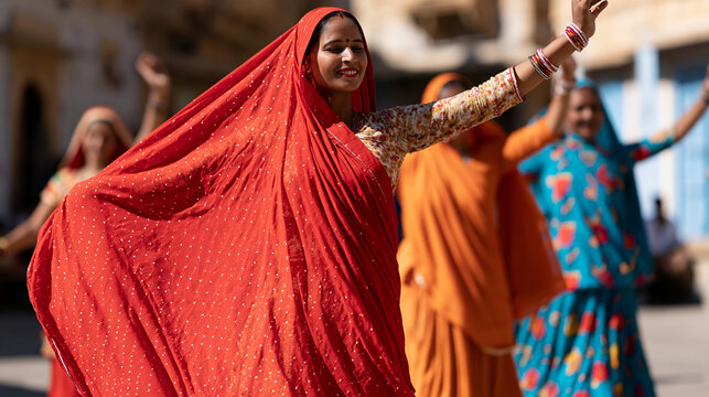 Group of Indian women dancing joyfully through a traditional street wearing colorful regional clothing, flowing fabrics, expressive movements, cultural celebration, folk dance,
