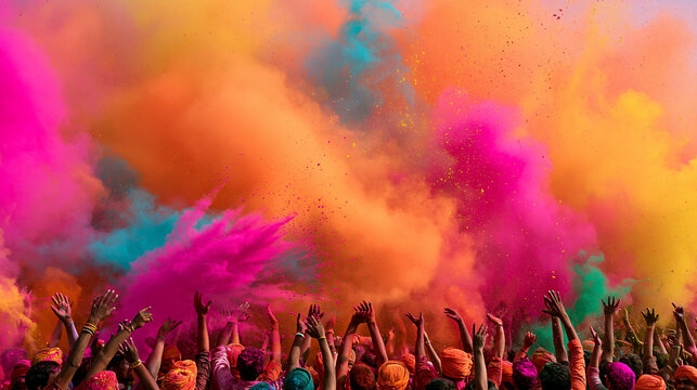 Joyful crowd celebrating a colorful Indian spring festival outdoors, people covered in vivid powder colors, laughing and dancing together, festive atmosphere, cultural
