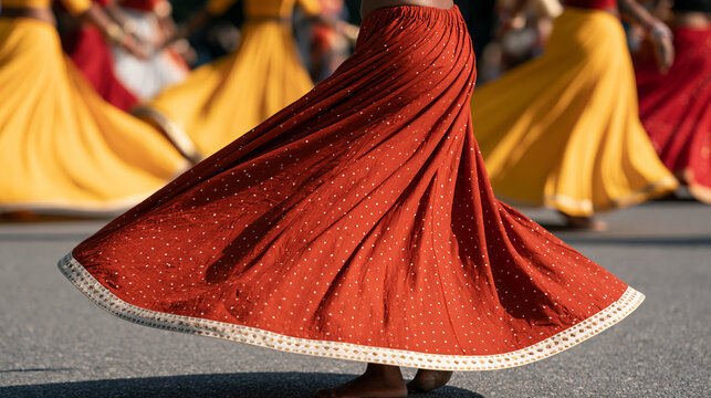 Group of Indian women dancing joyfully through a traditional street wearing colorful regional clothing, flowing fabrics, expressive movements, cultural celebration, folk dance,