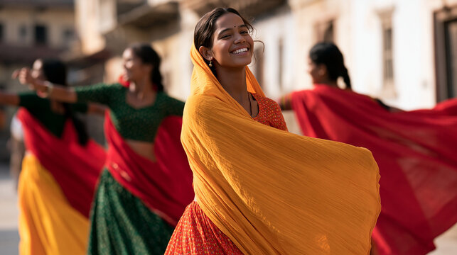 Group of Indian women dancing joyfully through a traditional street wearing colorful regional clothing, flowing fabrics, expressive movements, cultural celebration, folk dance,